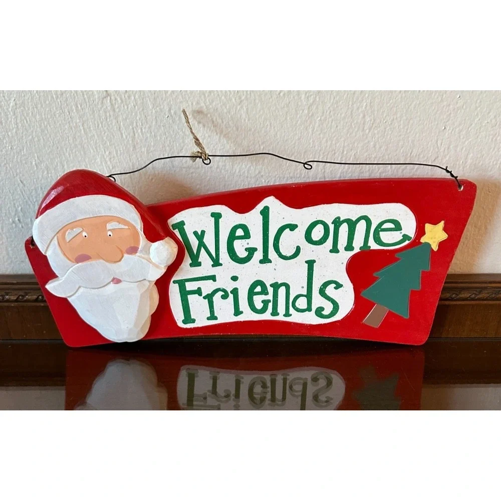 Target Welcome Friends Wood w/ Metal Wall Hanger Welcome Santa Vtg‎